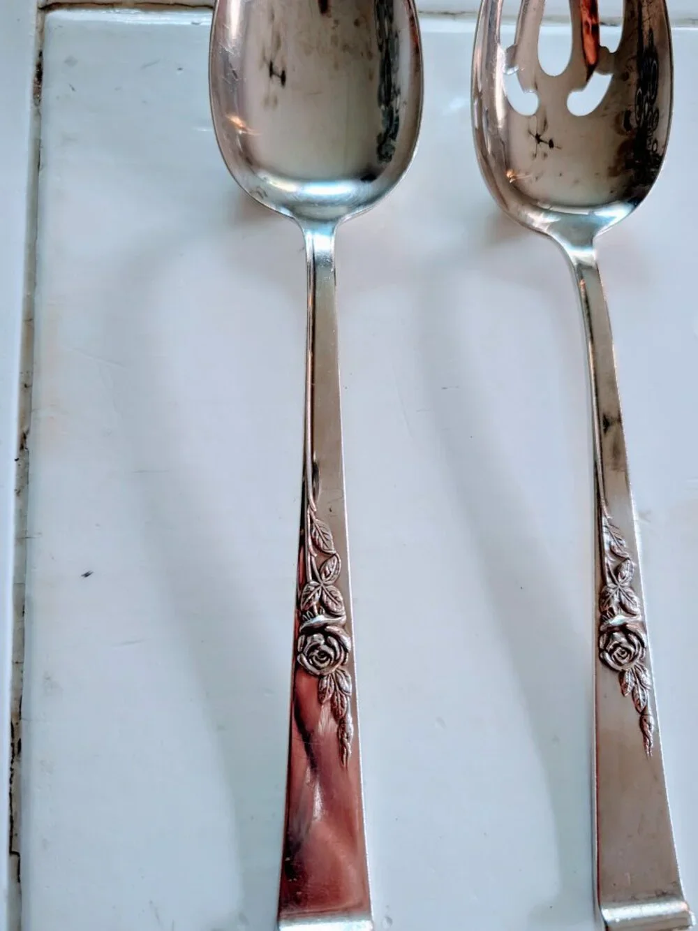 VTG 2 pc Reed & Barton Classic Rose Sterling Silver Table Serving Spoon Pierced